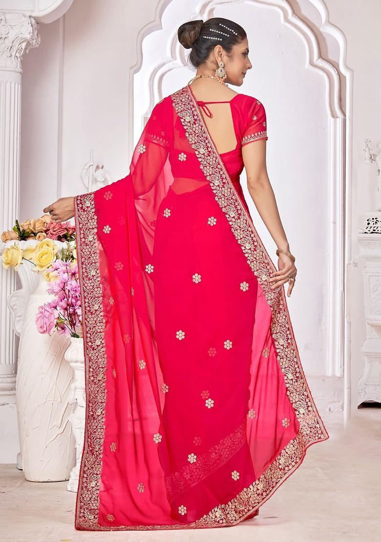 Pink Embroidered Blended Saree Set - Indya