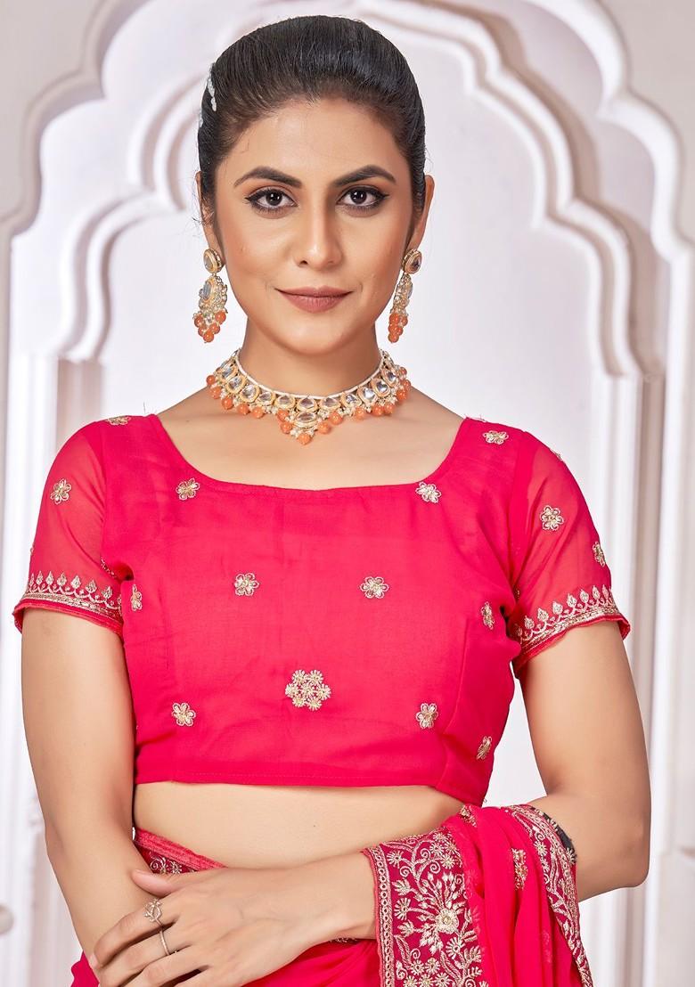 Pink Embroidered Blended Saree Set - Indya