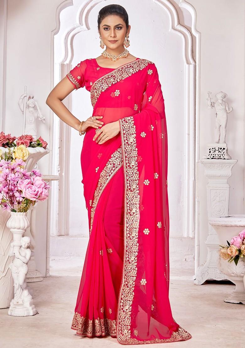 Pink Embroidered Blended Saree Set - Indya