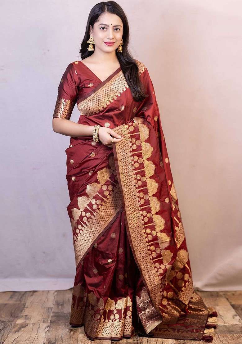 Maroon Zari Blended Saree Set with Printed for Diwali | Wedding & Festive Wear - Indya