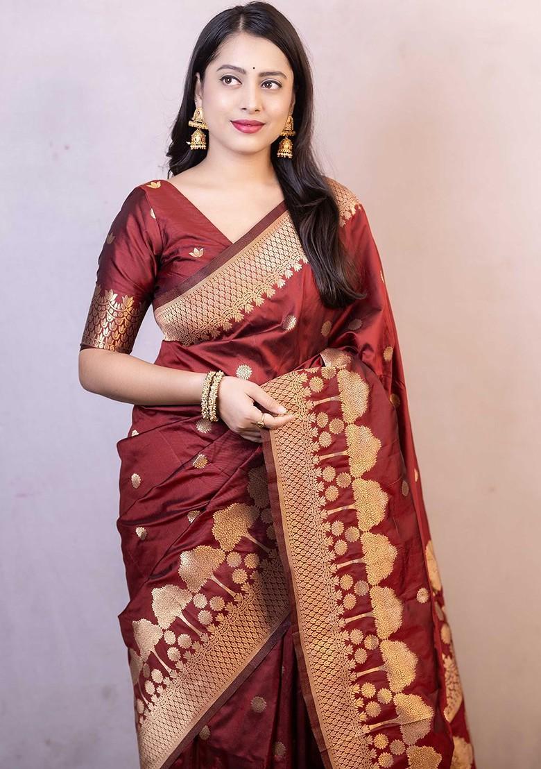 Maroon Zari Printed Blended Saree Set - Indya