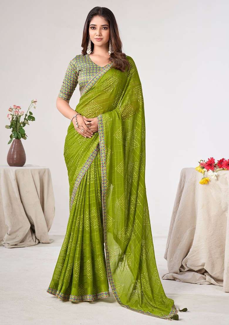 Green Blended Saree Set with Embroidered for Diwali | Wedding & Festive Wear - Indya