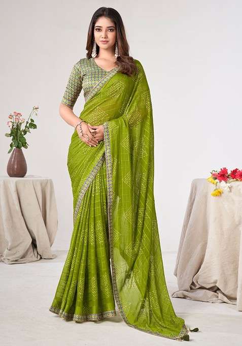 Green Blended Saree Set with Embroidered for Diwali | Wedding & Festive Wear