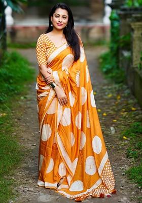 Orange Embroidered Blended Saree Set