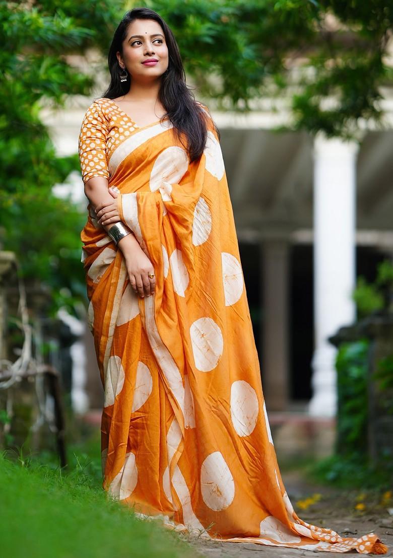 Orange Embroidered Blended Saree Set - Indya