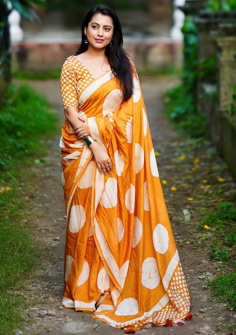 Orange Embroidered Blended Saree Set - Indya