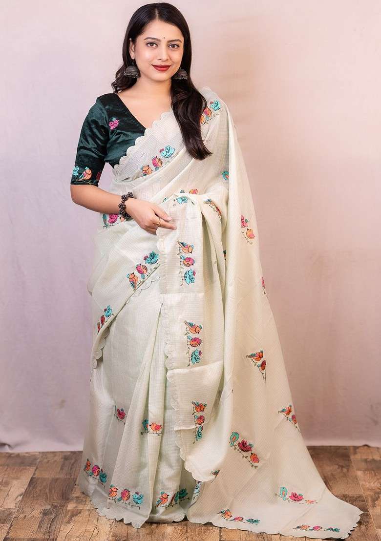 Green Embroidered Blended Saree Set for Diwali and Festive Wear - Indya