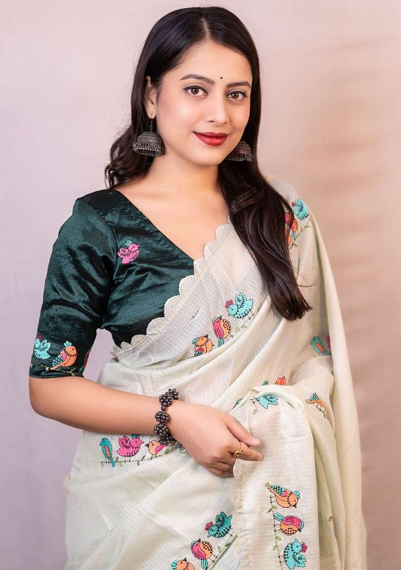 Green Embroidered Blended Saree Set for Diwali and Festive Wear - Indya