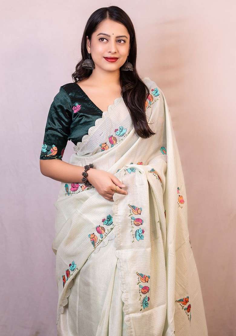 Green Embroidered Blended Saree Set for Diwali and Festive Wear - Indya