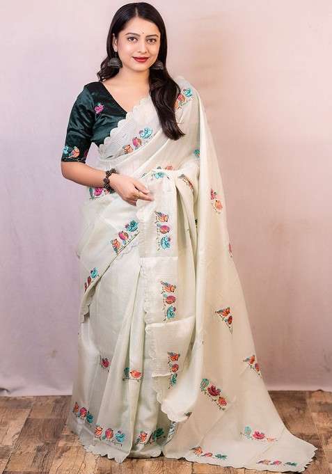Green Embroidered Blended Saree Set for Diwali and Festive Wear