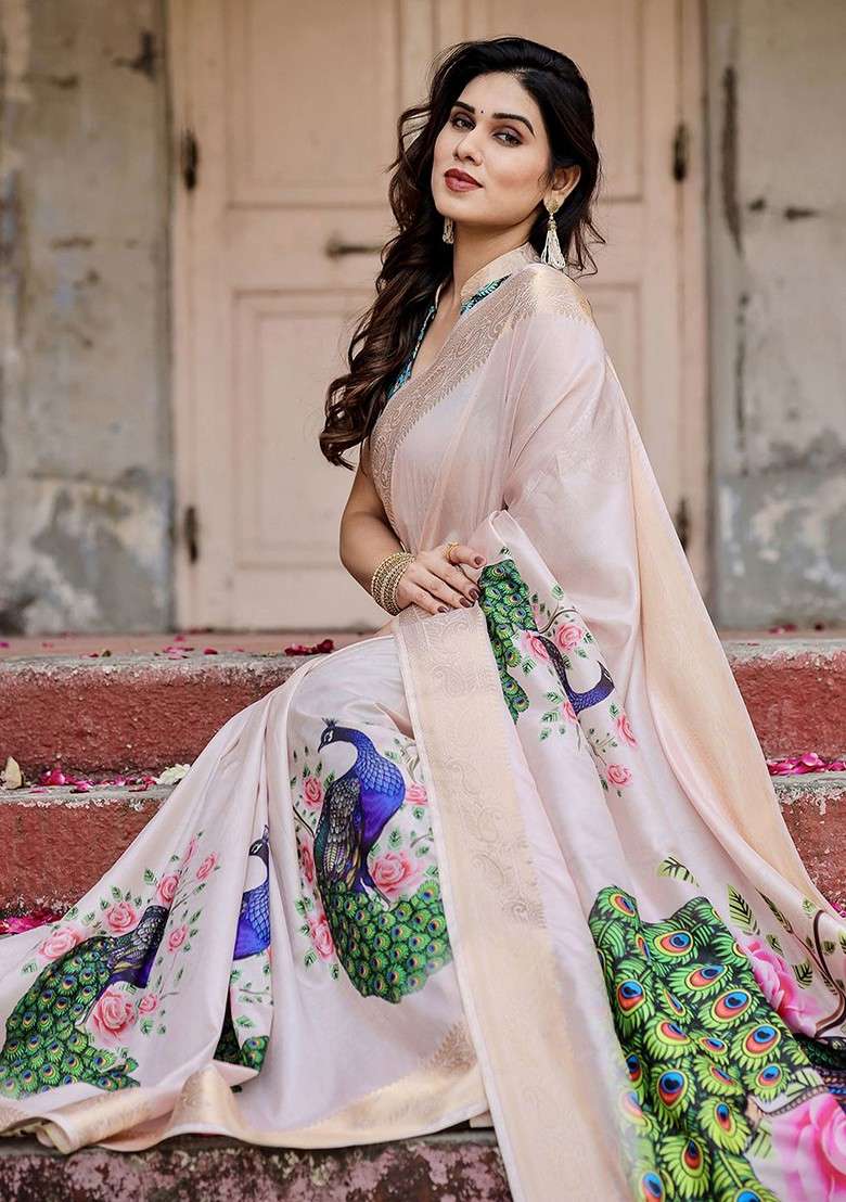 Cream Blended Saree Set with Printed for Diwali | Wedding & Festive Wear - Indya