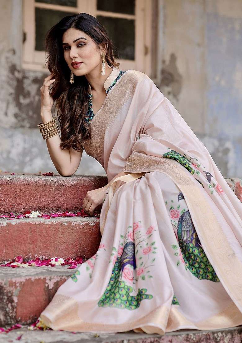 Cream Blended Saree Set with Printed for Diwali | Wedding & Festive Wear - Indya