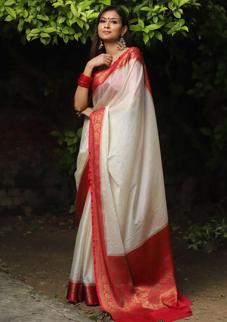 Off White Embroidered Blended Saree Set - Indya