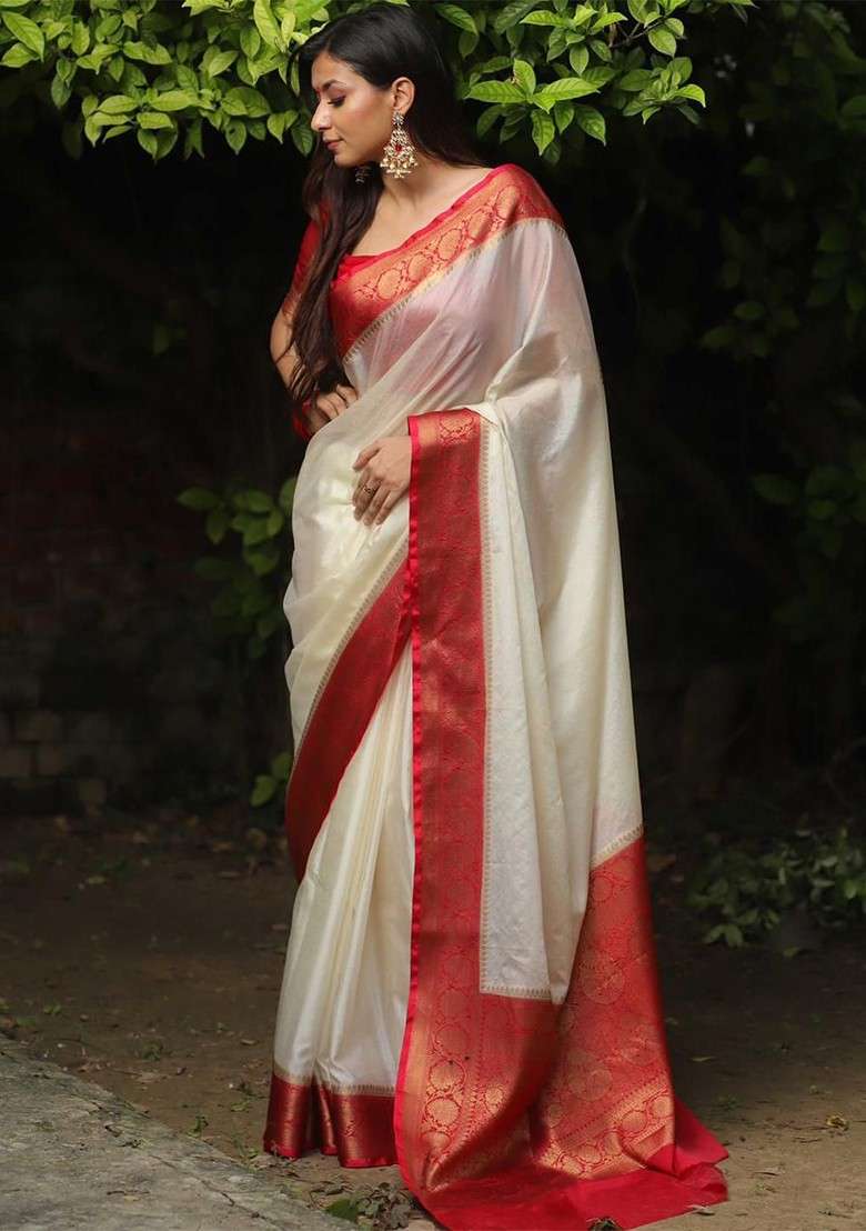 Off White Embroidered Blended Saree Set - Indya
