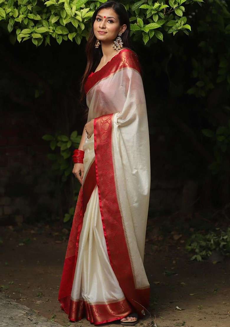 Off White Embroidered Blended Saree Set - Indya