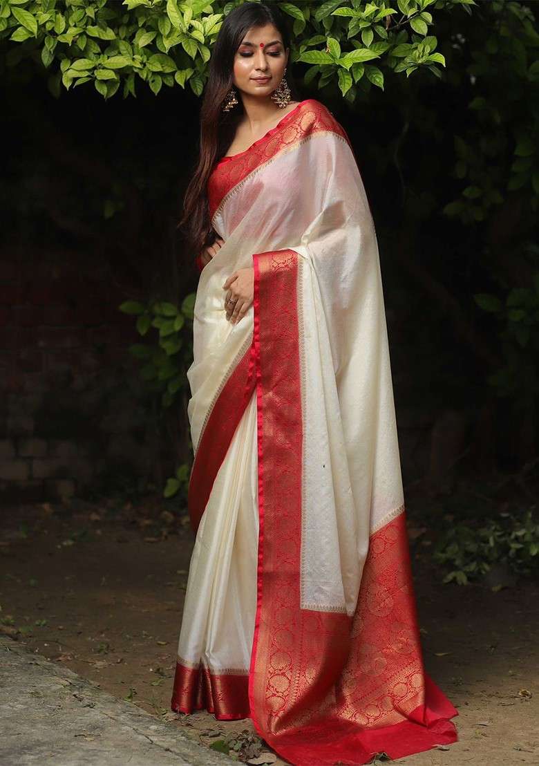Off White Embroidered Blended Saree Set - Indya