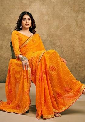Yellow Printed Blended Saree Set