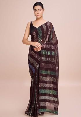Coffee Brown Embroidered Blended Saree Set