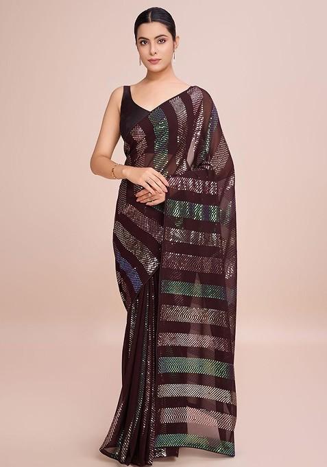 Coffee Brown Embroidered Blended Saree Set — view on Indya