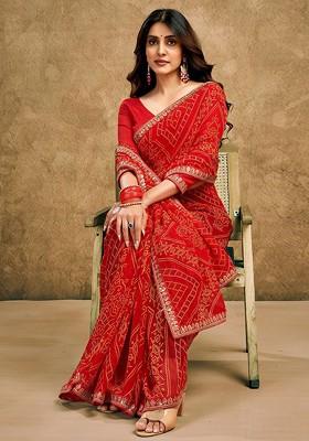 Red Printed Blended Saree Set