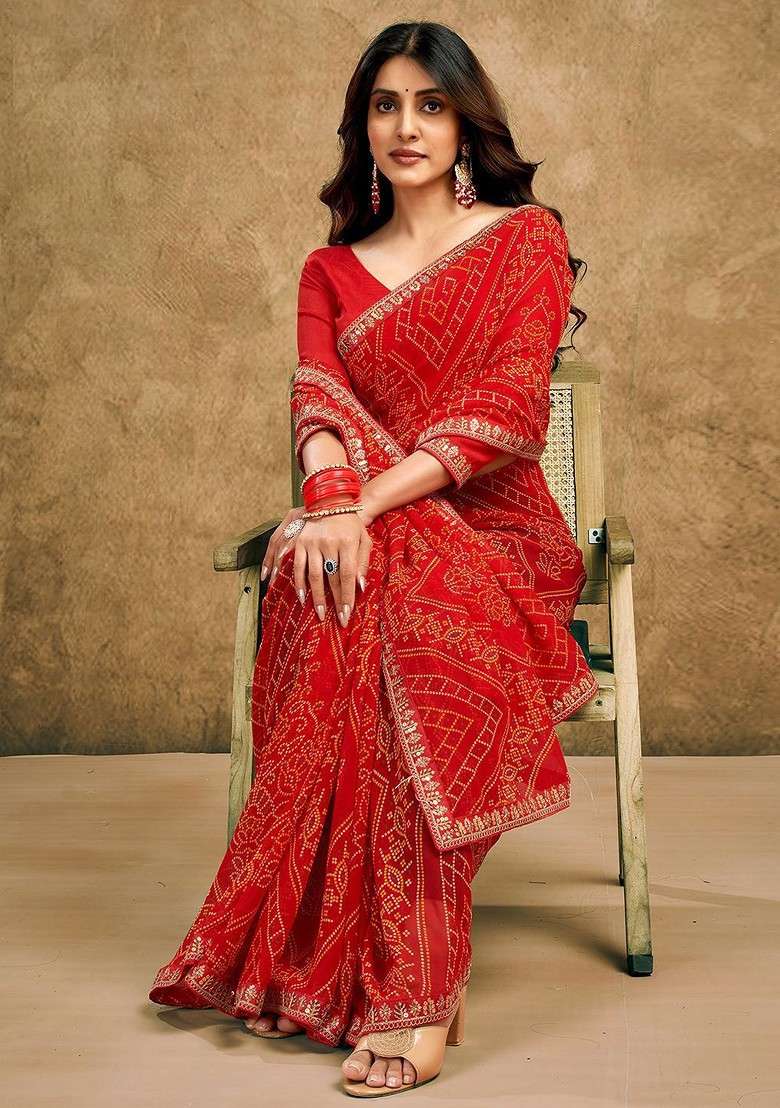 Red Printed Blended Saree Set - Indya