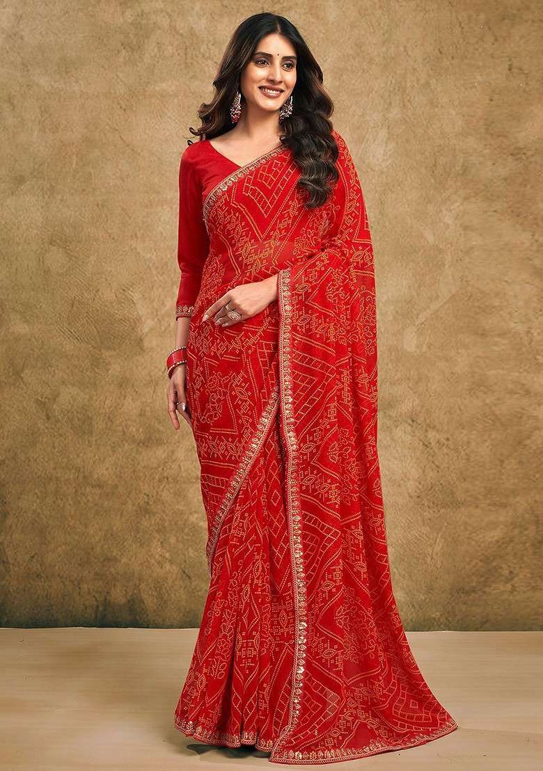 Red Printed Blended Saree Set - Indya