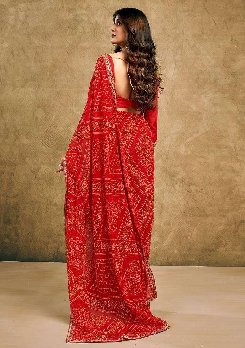 Red Printed Blended Saree Set - Indya