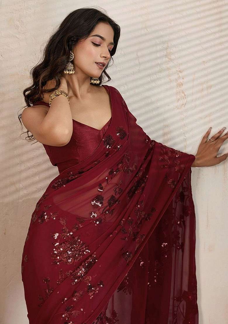 Maroon Embellished Blended Saree Set for Diwali | Wedding & Festive Wear - Indya