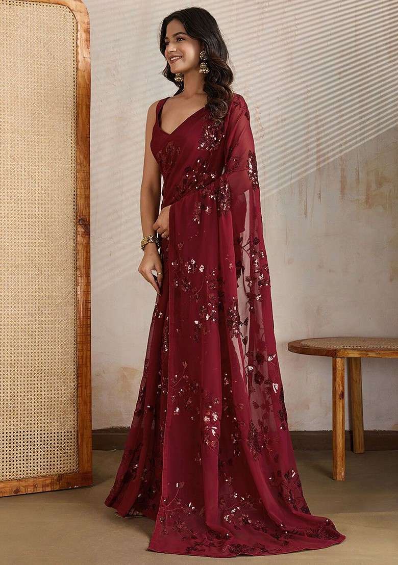Maroon Embellished Blended Saree Set for Diwali | Wedding & Festive Wear - Indya