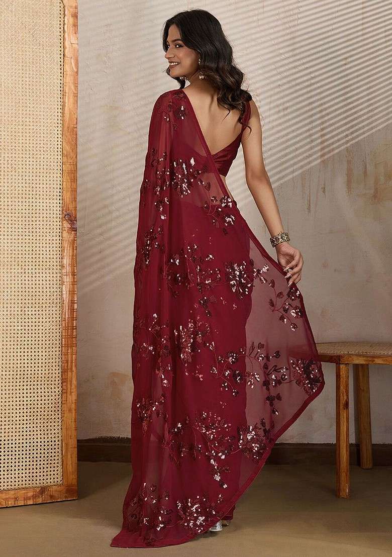 Maroon Embellished Blended Saree Set for Diwali | Wedding & Festive Wear - Indya