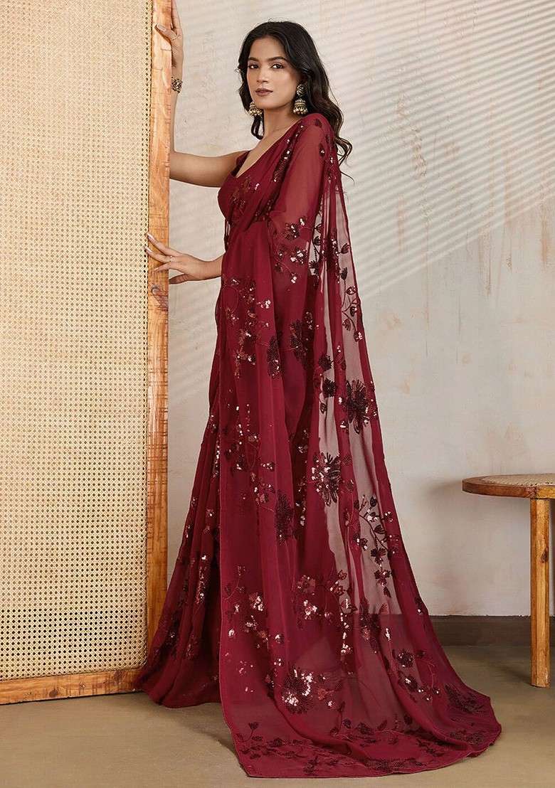 Maroon Embellished Blended Saree Set for Diwali | Wedding & Festive Wear - Indya