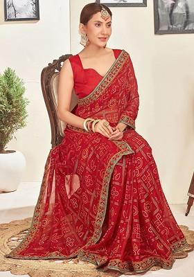 Red Printed Blended Saree Set
