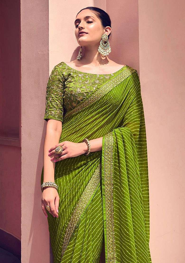 Olive Blended Saree Set with Embroidered for Diwali | Wedding & Festive Wear - Indya