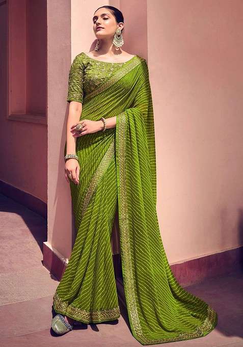 Olive Blended Saree Set with Embroidered for Diwali | Wedding & Festive Wear
