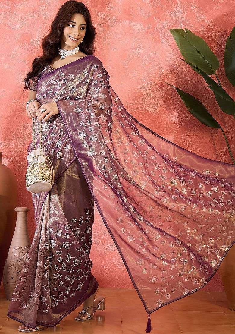 Purple Embellished Blended Saree Set with Sequin for Diwali | Wedding & Festive Wear - Indya