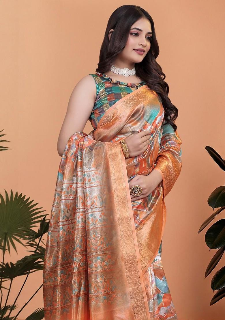 Orange Printed Blended Saree Set - Indya