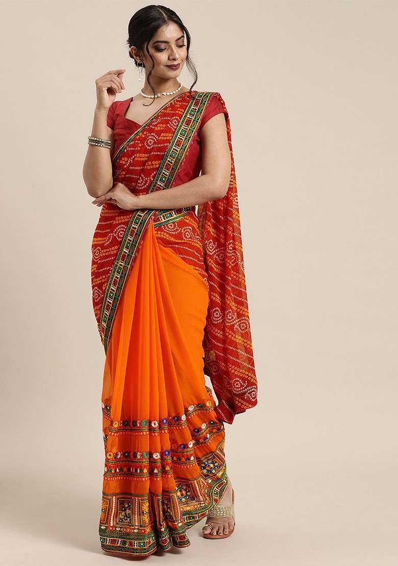 Red Printed Blended Saree Set for Diwali and Festive Wear - Indya