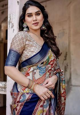 Off White Printed Blended Saree Set