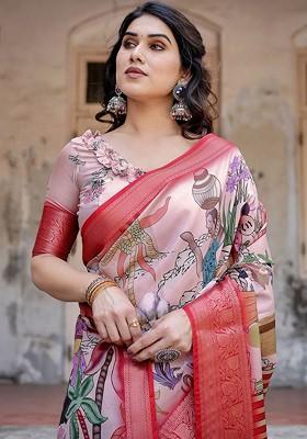Beige Printed Blended Saree Set