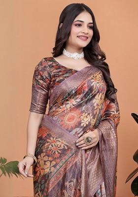 Purple Jacquard Blended Saree Set