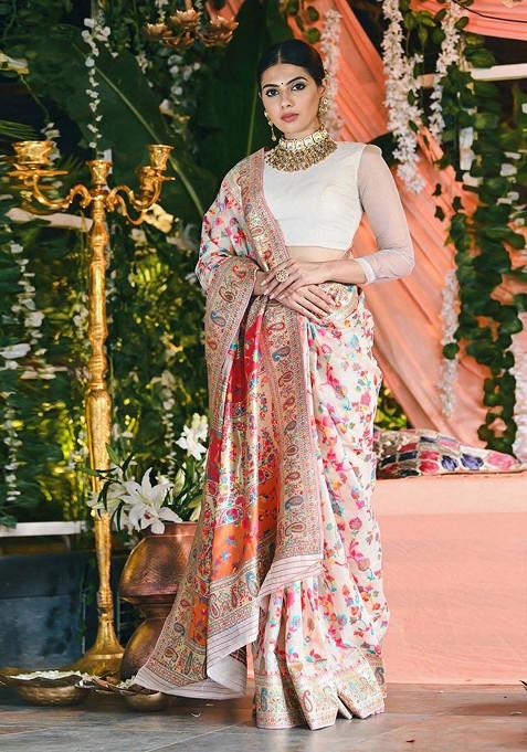 White Jacquard Blended Saree Set — view on Indya