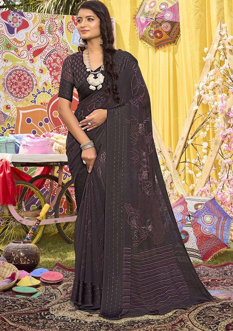 Purple Printed Blended Saree Set for Diwali and Festive Wear - Indya