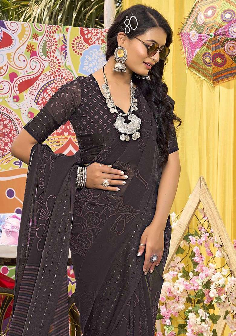 Purple Printed Blended Saree Set for Diwali and Festive Wear - Indya