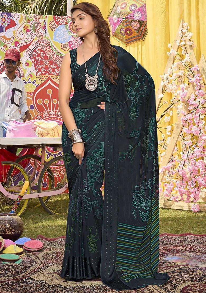 Teal Printed Blended Saree Set