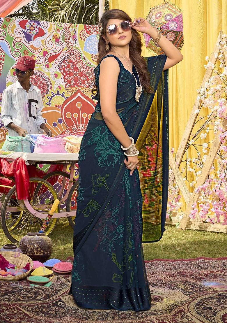 Teal Printed Blended Saree Set