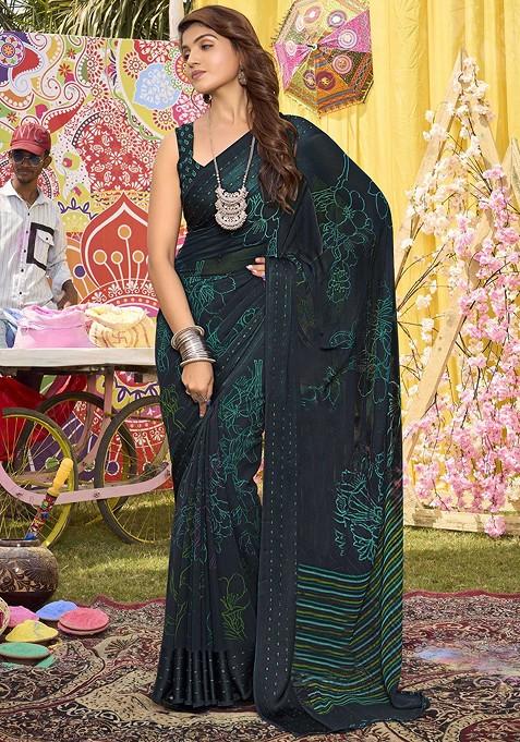 Teal Printed Blended Saree Set