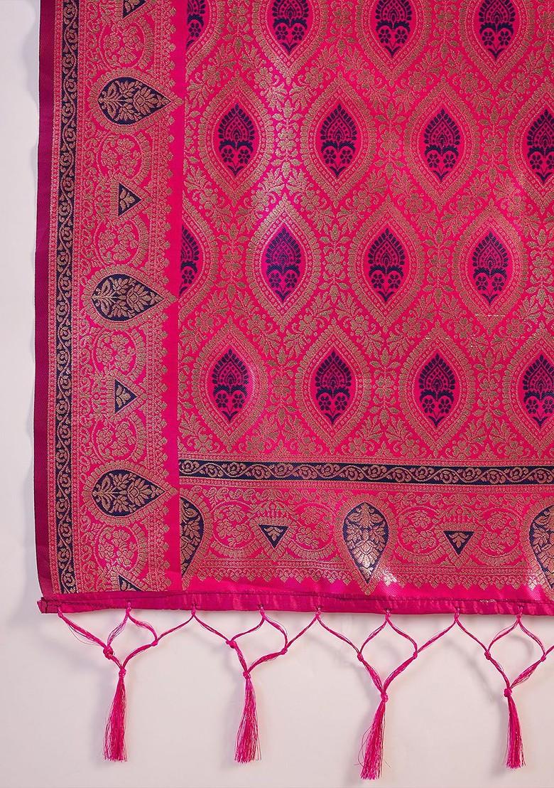 Navy Blue Embroidered Blended Saree Set