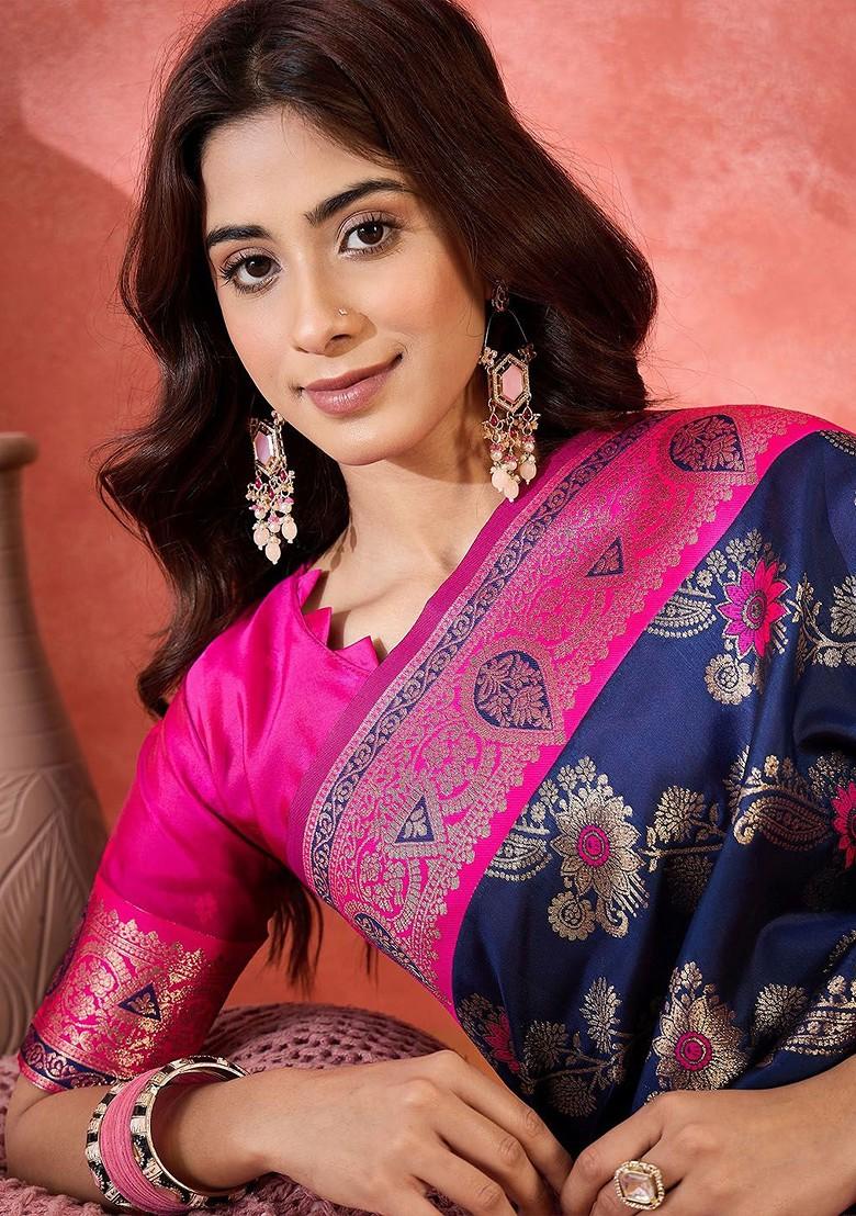 Navy Blue Embroidered Blended Saree Set