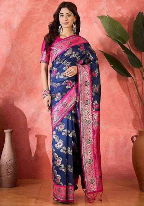 Navy Blue Embroidered Blended Saree Set
