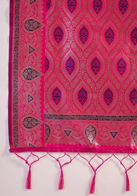 Navy Blue Embroidered Blended Saree Set